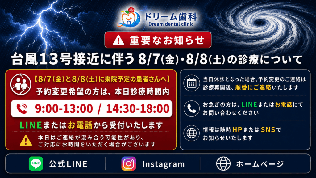 【重要】台風13号接近に伴う8/7(金)・8/8(土)の診療体制について